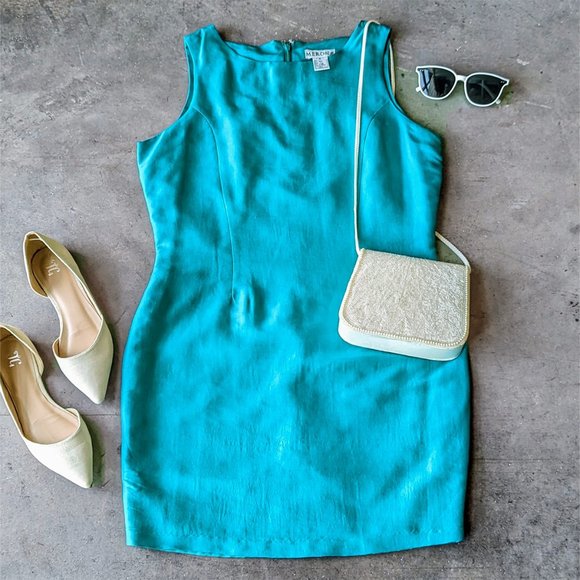 Vintage Merona Teal Green Silk Mini Sheath Dress medium - Picture 1 of 10